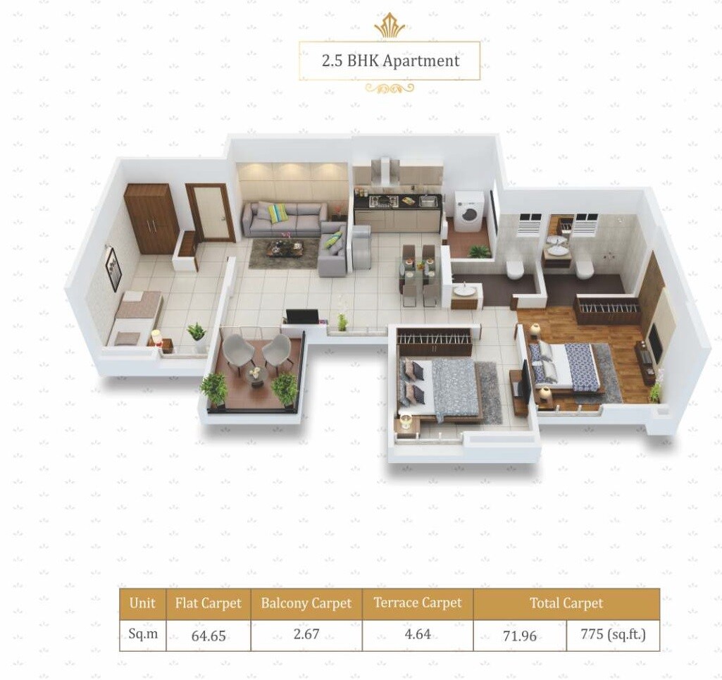 Floor plan of 2 BHK 754 Sq. Ft. Apartment in Kuber Imperia, Pune