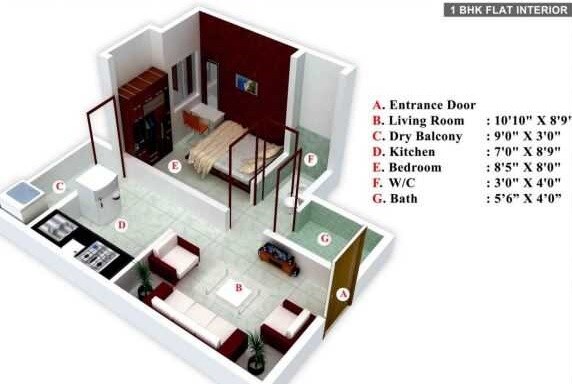 Floor plan of 1 BHK 253 Sq. Ft. Apartment in Kuber Shree Siddhivinayak Park, Pune