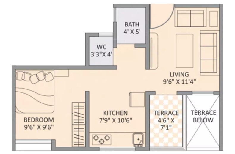 Floor plan of 1 BHK 336 Sq. Ft. Apartment in Kuldevee Nobles Heights, Pune