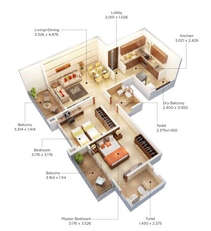 Floor plan of 2 BHK 667 Sq. Ft. Apartment in Kumar 47 East A, Pune