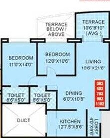 Floor plan of 2 BHK 1150 Sq. Ft. Apartment in Kumar Gulmohar, Pune