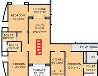 Floor plan of 3 BHK 2170 Sq. Ft. Apartment in Kumar Gulmohar, Pune