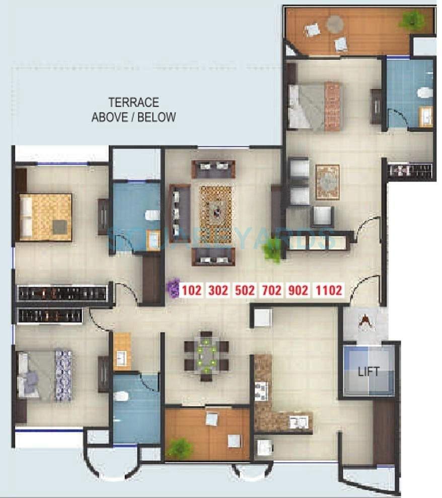 Floor plan of 3 BHK 2132 Sq. Ft. Apartment in Kumar Karishma, Pune