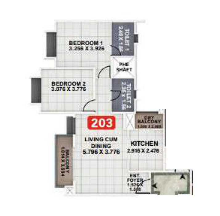Floor plan of 2 BHK Apartment - 668 sq. ft. in Kumar Megapolis, Pune