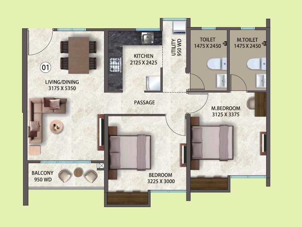 2 BHK 825 Sq. Ft. Apartment
