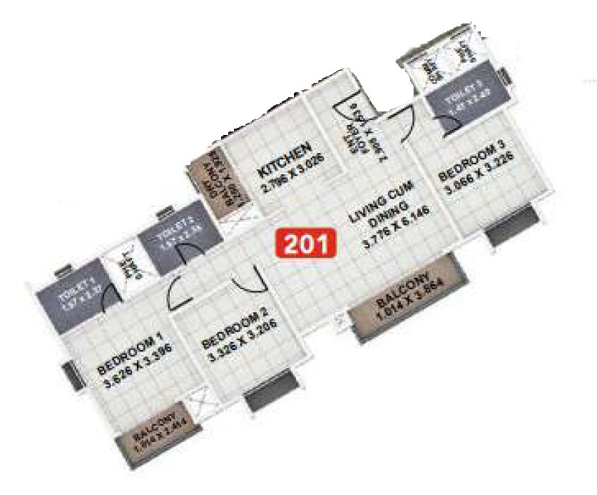 Floor plan of 3 BHK Apartment - 962 sq. ft. in Kumar Megapolis, Pune
