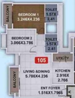 Floor plan of 2 BHK 973 Sq. Ft. Apartment in Kumar Megapolis Mystic, Pune