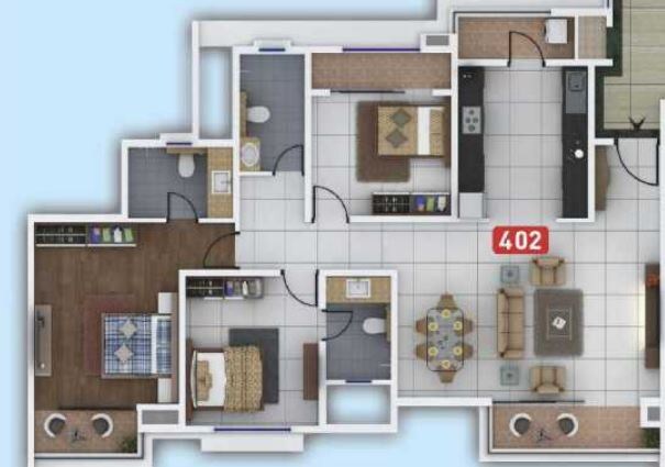 Floor plan of 3 BHK 1138 Sq. Ft. Apartment in Kumar Megapolis Mystic, Pune