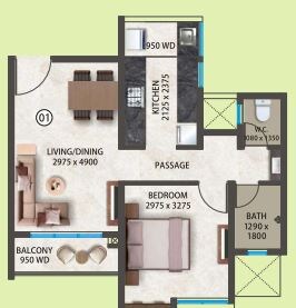 Floor plan of 1 BHK 445 Sq. Ft. Apartment in Kumar Megapolis Saffron, Pune