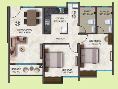 Floor plan of 2 BHK 637 Sq. Ft. Apartment in Kumar Megapolis Saffron, Pune