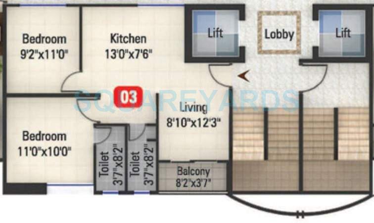 Floor plan of 2 BHK 1100 Sq. Ft. Apartment in Kumar Millenium, Pune