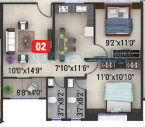 Floor plan of 2 BHK 750 Sq. Ft. Apartment in Kumar Millenium, Pune