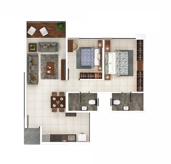 Floor plan of 2 BHK 554 Sq. Ft. Apartment in Kumar Palaash A, Pune