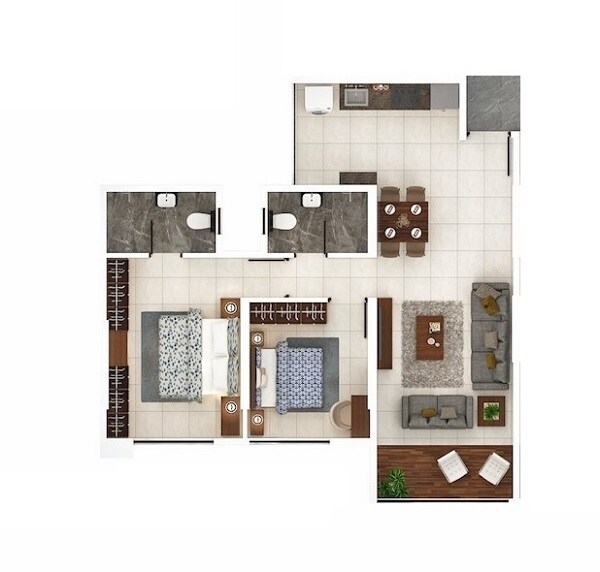 Floor plan of 2 BHK 671 Sq. Ft. Apartment in Kumar Palaash A, Pune