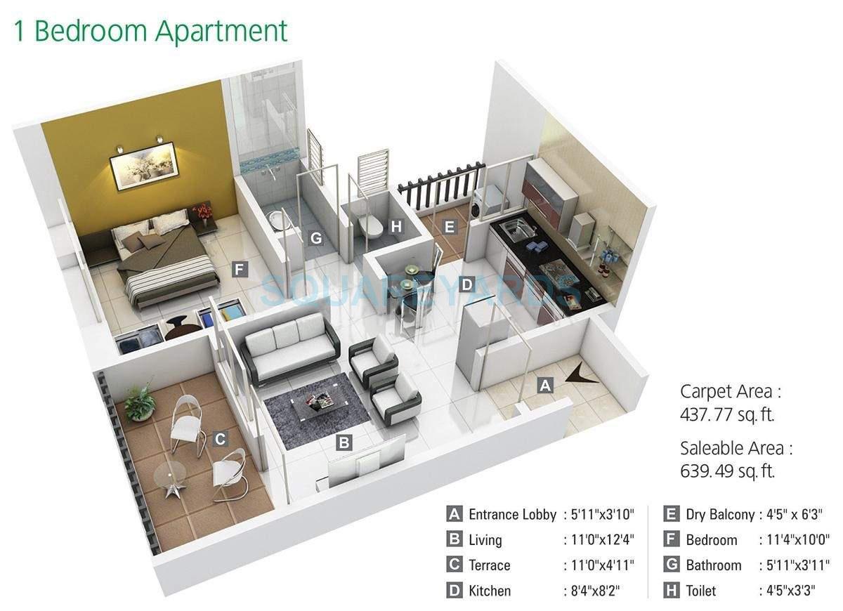 Floor plan of 1 BHK 640 Sq. Ft. Apartment in Kumar Palm Meadows, Pune