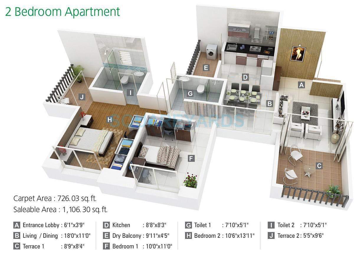 Floor plan of 2 BHK 1106 Sq. Ft. Apartment in Kumar Palm Meadows, Pune