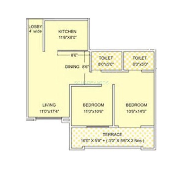 Floor plan of 2 BHK Apartment - 672 sq. ft. in Kumar Palmgrove, Pune