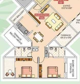 Floor plan of 2 BHK 1138 Sq. Ft. Apartment in Kumar Palms, Pune