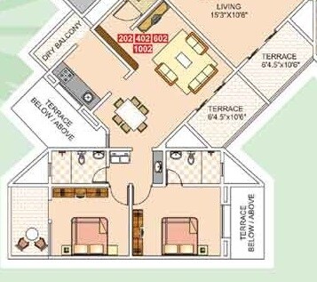 Floor plan of 2 BHK 1164 Sq. Ft. Apartment in Kumar Palms, Pune