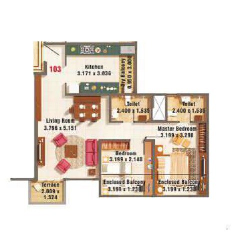 Floor plan of 2 BHK 910 Sq. Ft. Apartment in Kumar Palmspring Towers, Pune