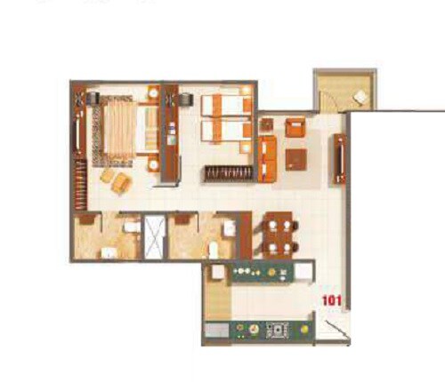 Floor plan of 2 BHK 834 Sq. Ft. Apartment in Kumar Palmspring Towers, Pune