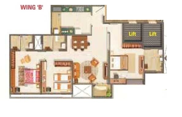 Floor plan of 3 BHK 1163 Sq. Ft. Apartment in Kumar Palmspring Towers, Pune