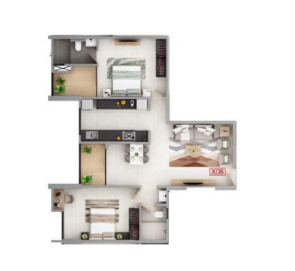 Floor plan of 2 BHK 844 Sq. Ft. Apartment in Kumar Panache, Pune