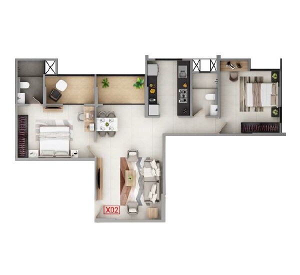 Floor plan of 2 BHK 851 Sq. Ft. Apartment in Kumar Panache, Pune