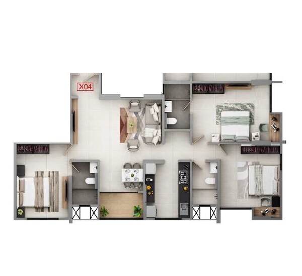 Floor plan of 3 BHK 1023 Sq. Ft. Apartment in Kumar Panache, Pune