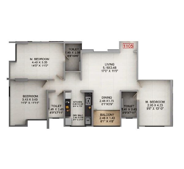 Floor plan of 3 BHK 1025 Sq. Ft. Apartment in Kumar Panache, Pune