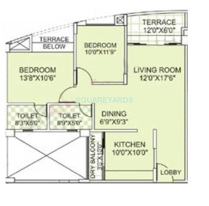 Floor plan of 2 BHK 638 Sq. Ft. Apartment in Kumar Papillon, Pune