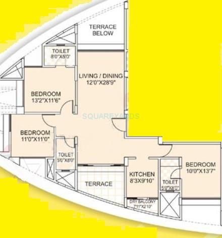 Floor plan of 3 BHK 941 Sq. Ft. Apartment in Kumar Papillon, Pune