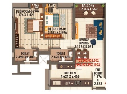 Floor plan of 2 BHK 834 Sq. Ft. Apartment in Kumar Parc Residences, Pune