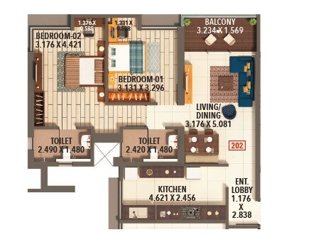 Floor plan of 2 BHK 840 Sq. Ft. Apartment in Kumar Parc Residences, Pune