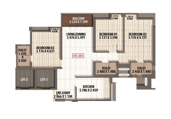 Floor plan of 3 BHK 1100 Sq. Ft. Apartment in Kumar Parc Residences, Pune