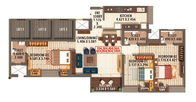 Floor plan of 3 BHK 1168 Sq. Ft. Apartment in Kumar Parc Residences, Pune
