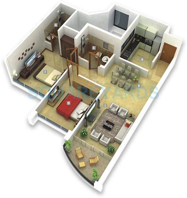 Floor plan of 2 BHK 681 Sq. Ft. Apartment in Kumar Park Infinia, Pune