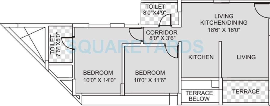 Floor plan of 2 BHK 764 Sq. Ft. Apartment in Kumar Park Infinia, Pune