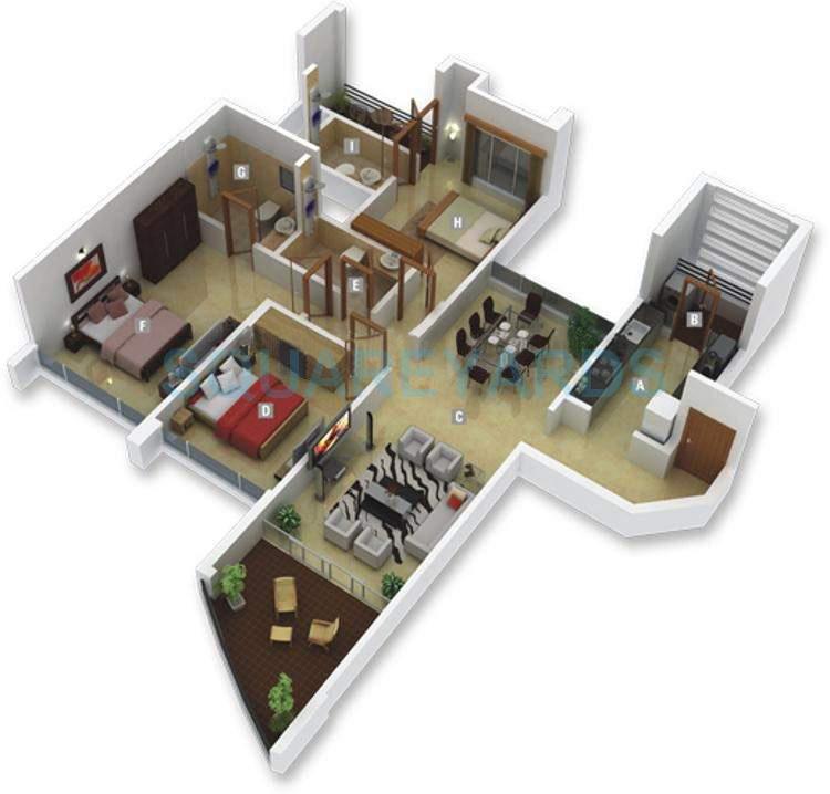 Floor plan of 3 BHK 1020 Sq. Ft. Apartment in Kumar Park Infinia, Pune