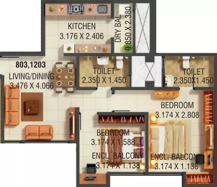 Floor plan of 2 BHK 540 Sq. Ft. Apartment in Kumar Park Infinia Phase 4, Pune