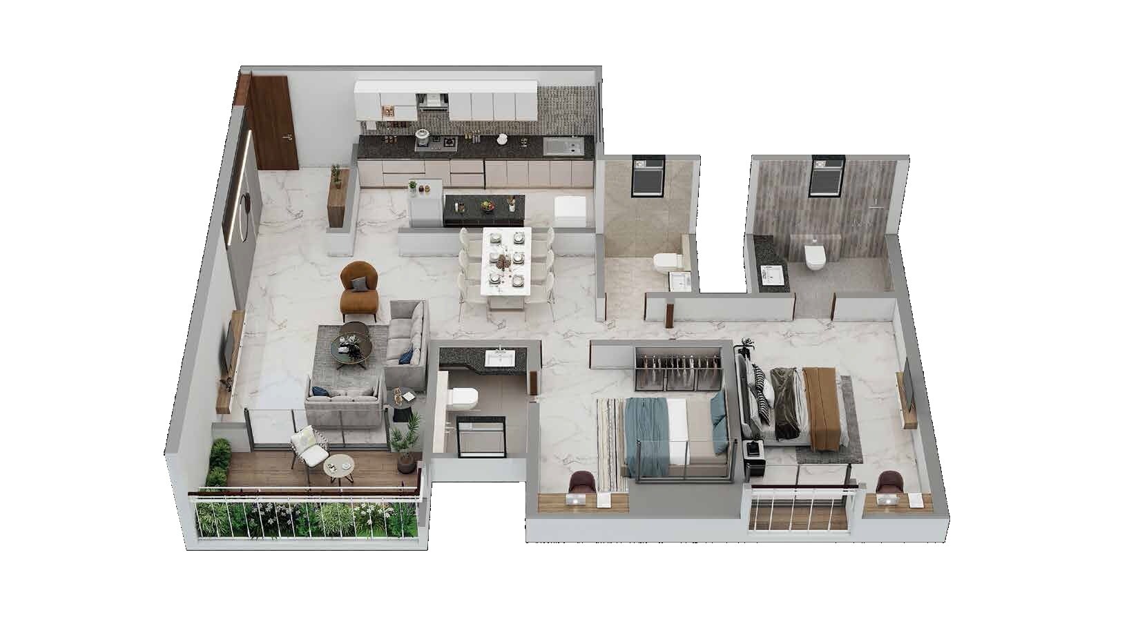 Floor plan of 2 BHK 960 Sq. Ft. Apartment in Kumar Parv, Pune