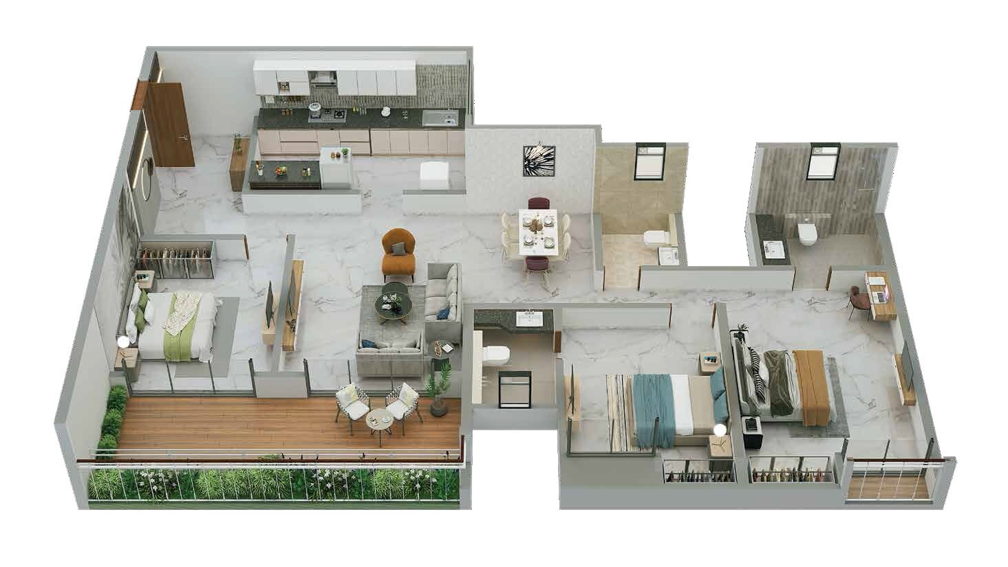 Floor plan of 3 BHK 1278 Sq. Ft. Apartment in Kumar Parv, Pune