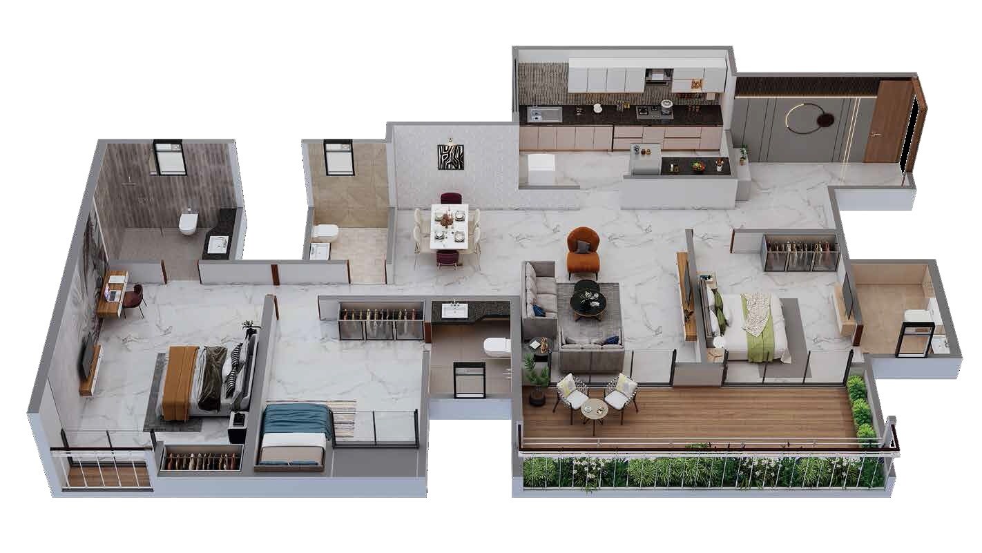 Floor plan of 3 BHK 1329 Sq. Ft. Apartment in Kumar Parv, Pune