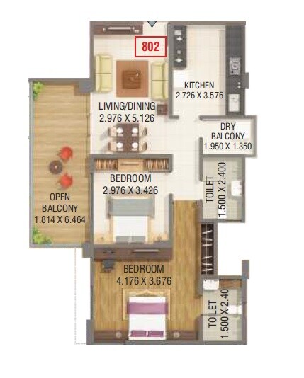 Floor plan of 2 BHK 756 Sq. Ft. Apartment in Kumar Peninsula, Pune