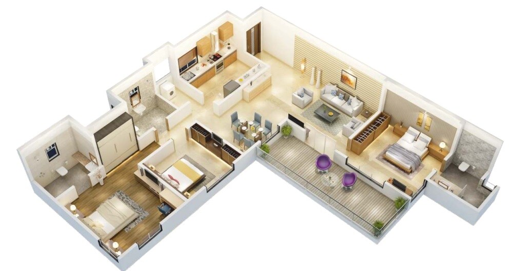 Floor plan of 3 BHK 1163 Sq. Ft. Apartment in Kumar Peninsula, Pune