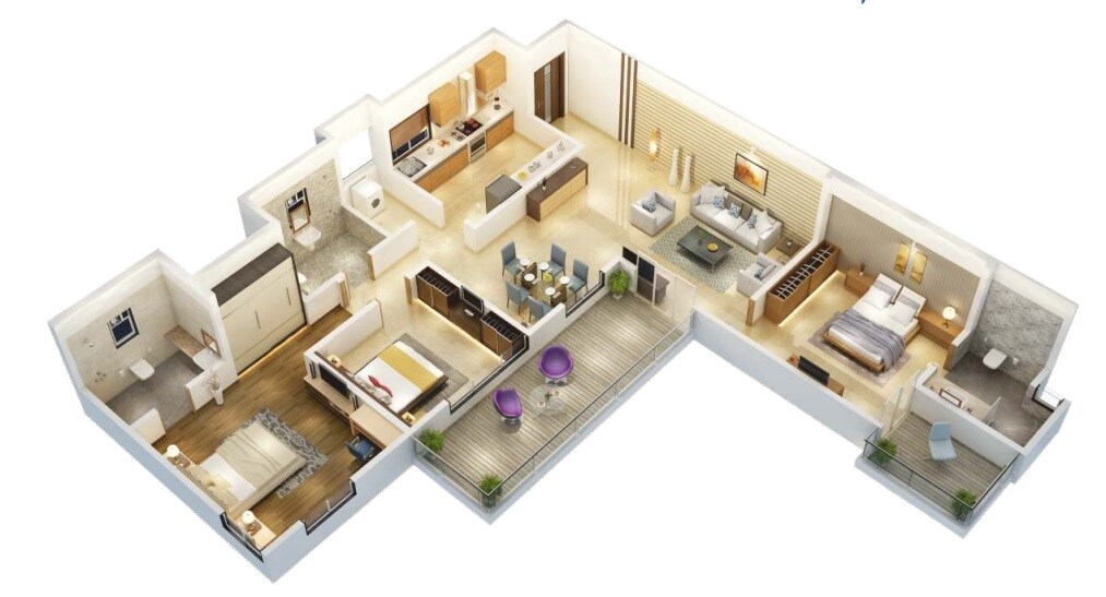 Floor plan of 3 BHK 1168 Sq. Ft. Apartment in Kumar Peninsula, Pune