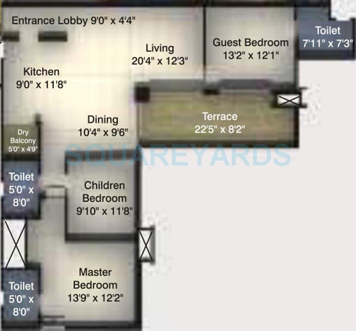 Floor plan of 3 BHK 996 Sq. Ft. Apartment in Kumar Peninsula, Pune