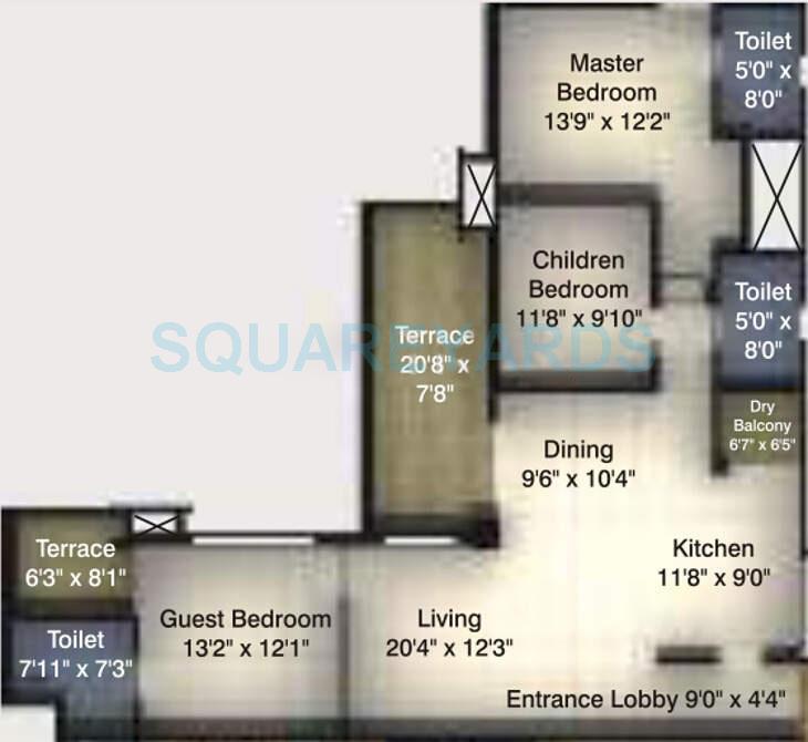 Floor plan of 3 BHK 1023 Sq. Ft. Apartment in Kumar Peninsula, Pune