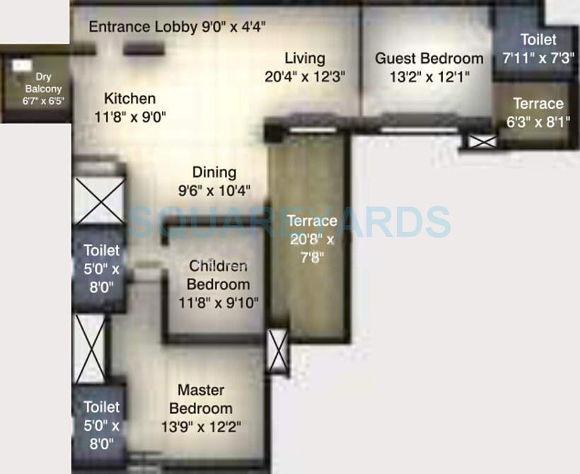 Floor plan of 3 BHK 1028 Sq. Ft. Apartment in Kumar Peninsula, Pune
