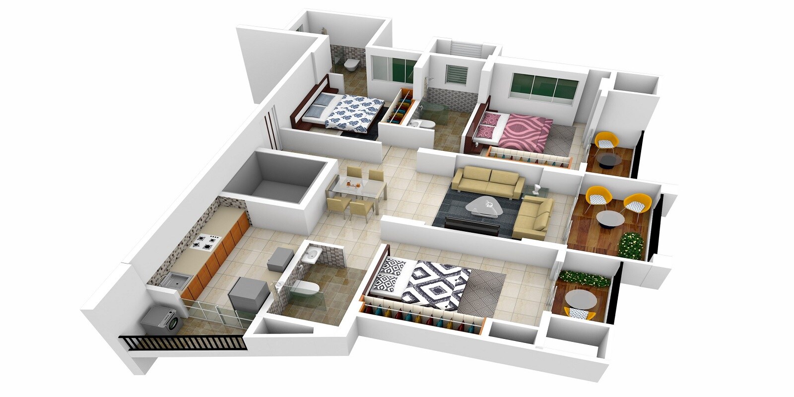 Floor plan of 3 BHK 1071 Sq. Ft. Apartment in Kumar Periwinkle, Pune